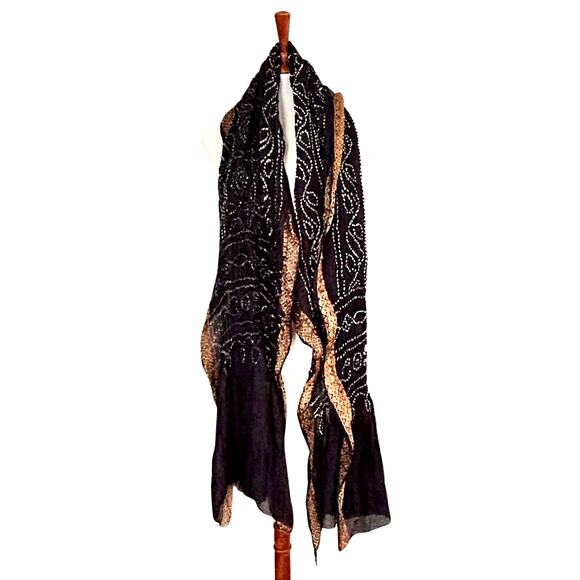 Vintage Y2K Artisan Black Silk Embroidered Drape Shawl Wrap with Gold Trim - Picture 4 of 6